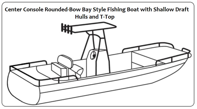 Center Console Rounded-Bow Bay Style Fishing Boat with Shallow Draft Hull and T-Top