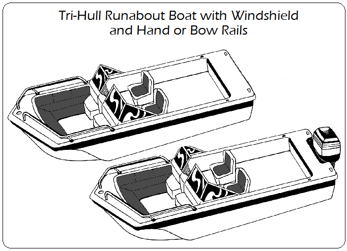 Tri-Hull Runabout Boat with Windshield and Hand or Bow Rails