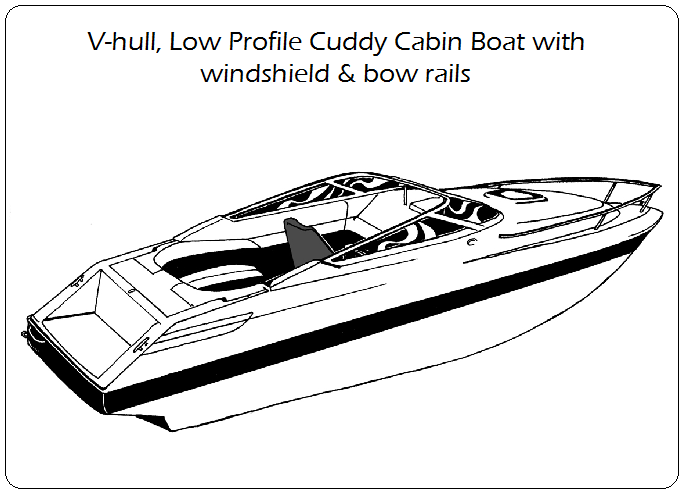 V-hull, Low Profile Cuddy Cabin Boat with windshield and bow rails